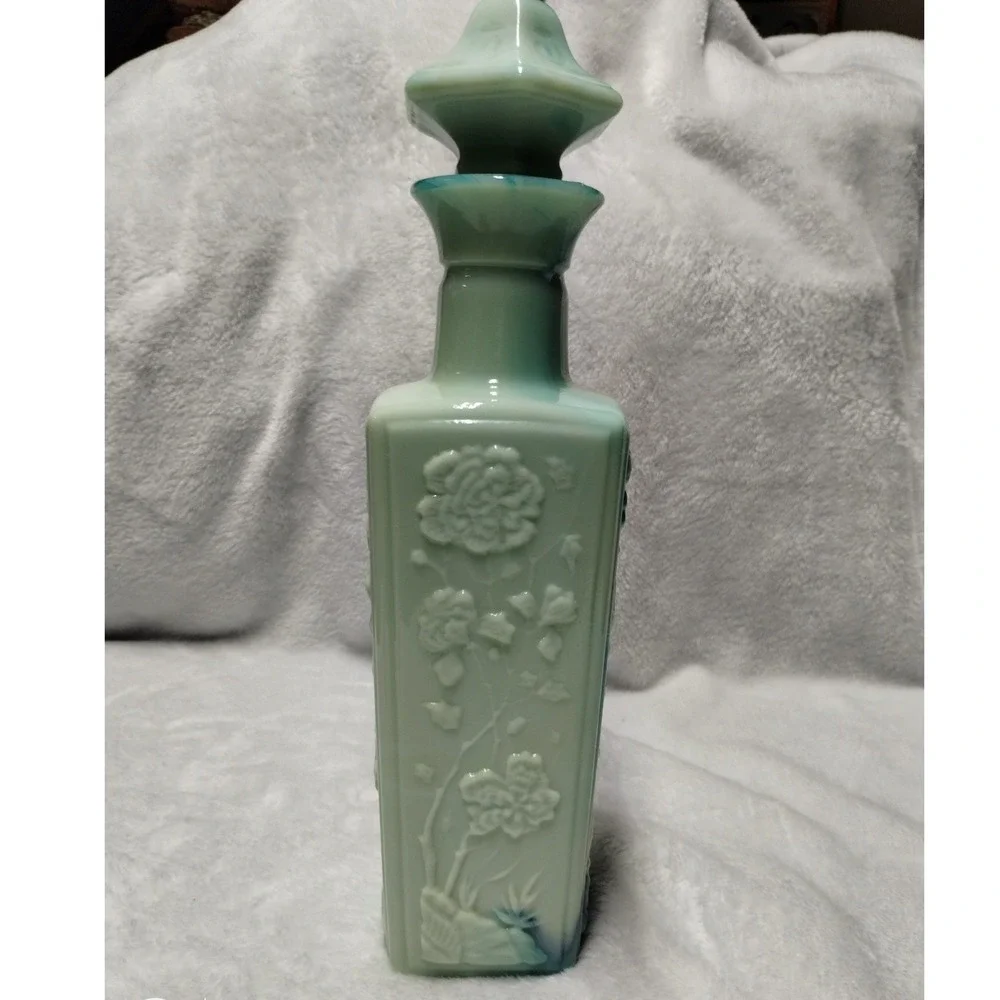 Vintage‎ Blue Green Slag Glass Liquor Bottle Decanter Floral Embossed w/ Stopper